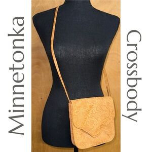 Minnetonka Crossbody Purse - Tan Embossed Leather - Tooled Leather - Floral